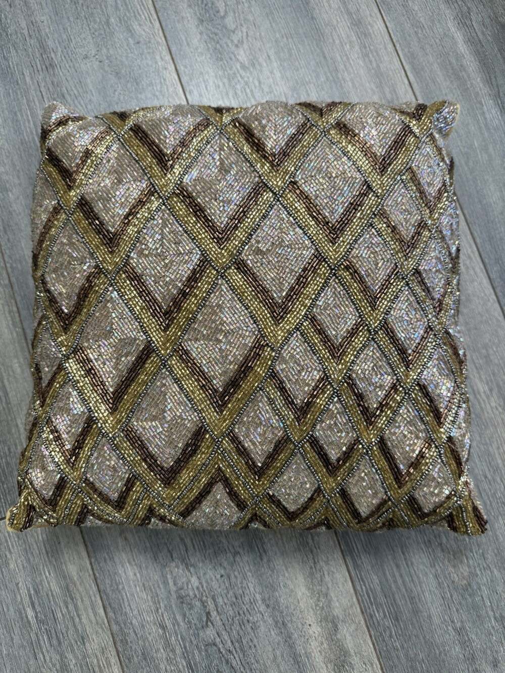 Pier One Beaded Accent Pillow Gold Metallic Modernist Contemporary Square Artsy
